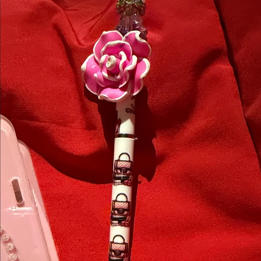 Chanel Pink pencil/ makeup brush holder with Floral Pen